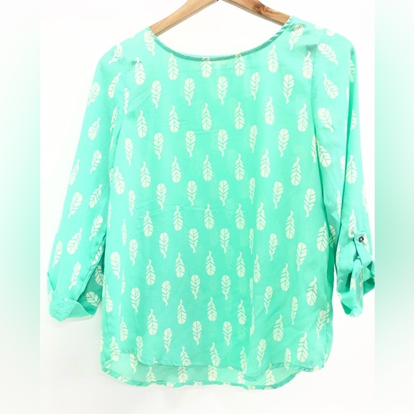 Pixley Tops - Pixley Mint Green Feather-Print Roll-Sleeve Blouse boho